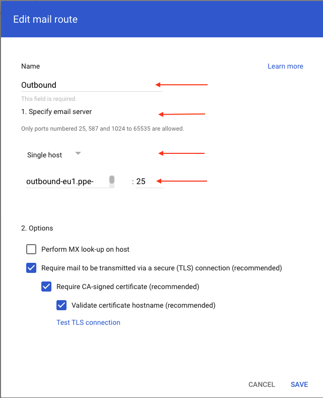 Google Workspace outbound host route