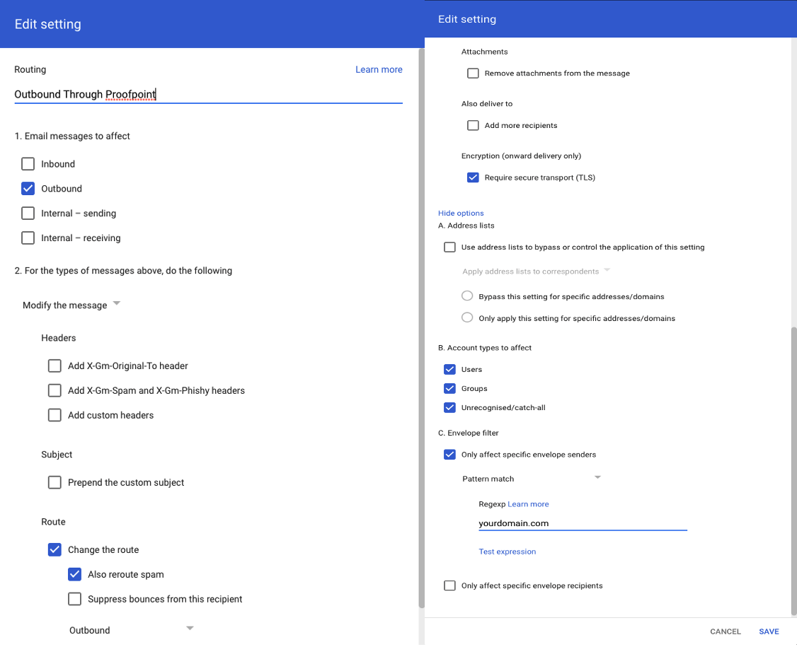 Google Workspace outbound routing rule