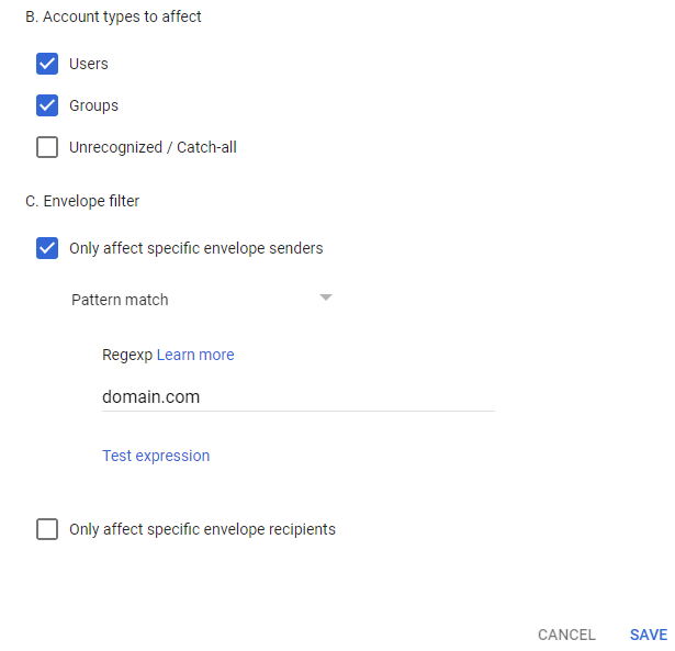 Google Workspace internal routing rule