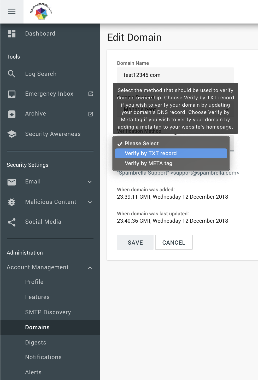 Verify Domain TXT - Spambrella